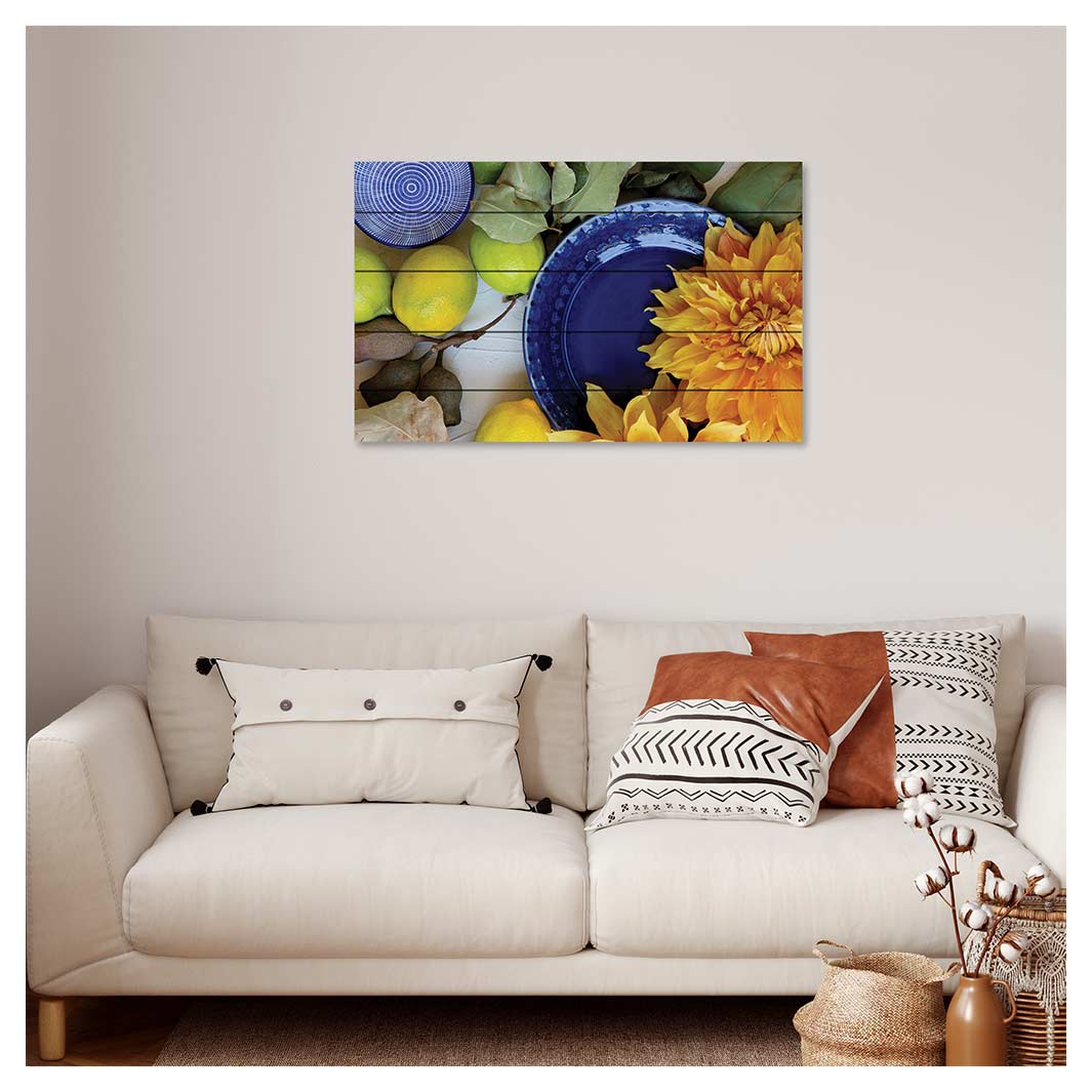 FLORAL YELLOW CHRYSANTHEMUM FLOWERS WITH FOLIAGE PINE WOOD PRINT