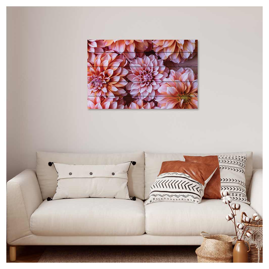 FLORAL PINK AND ORANGE DAHLIA FLOWERS PINE WOOD PRINT