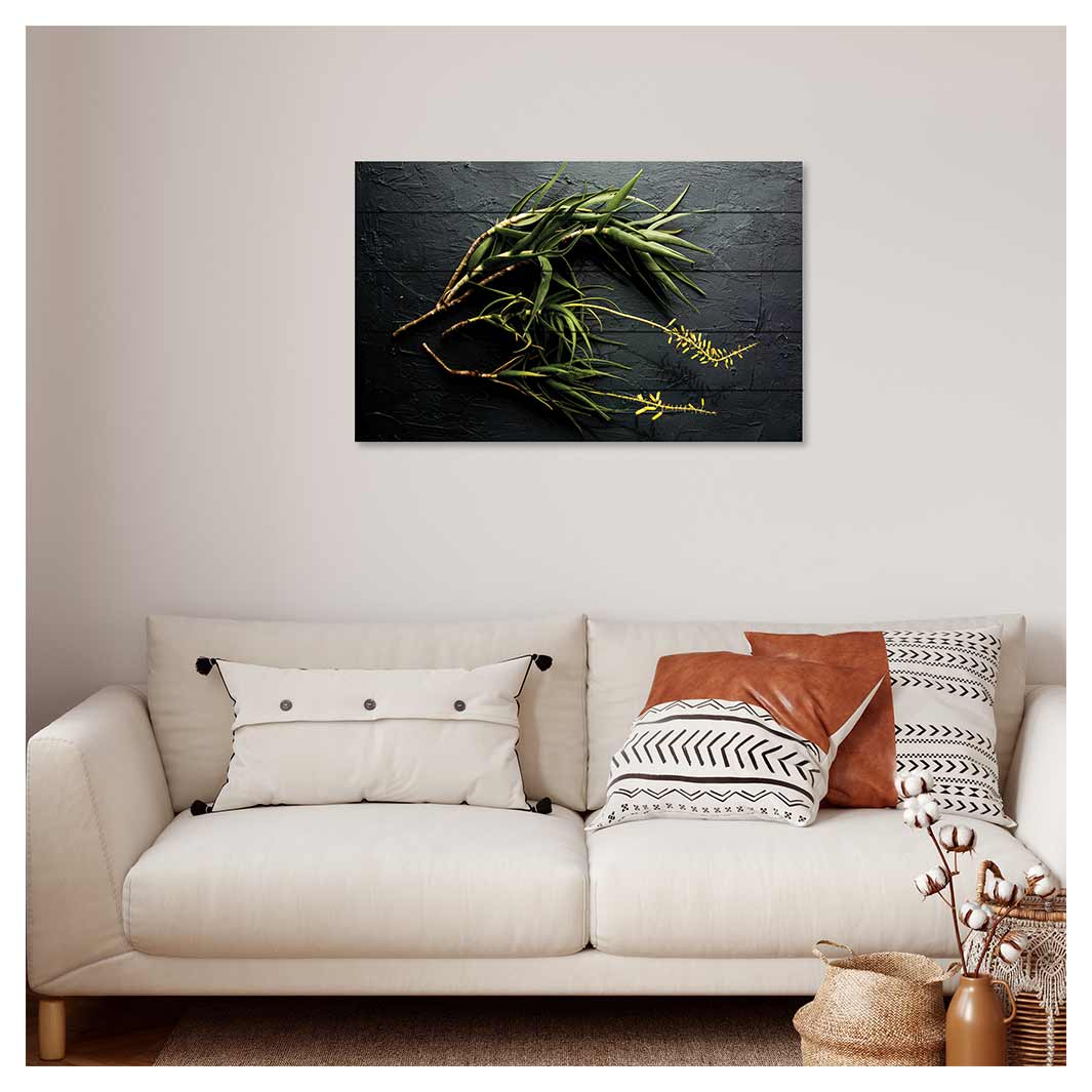 NATURAL YELLOW BLOSSOMS ALOE BUSH ON GREY PINE WOOD PRINT