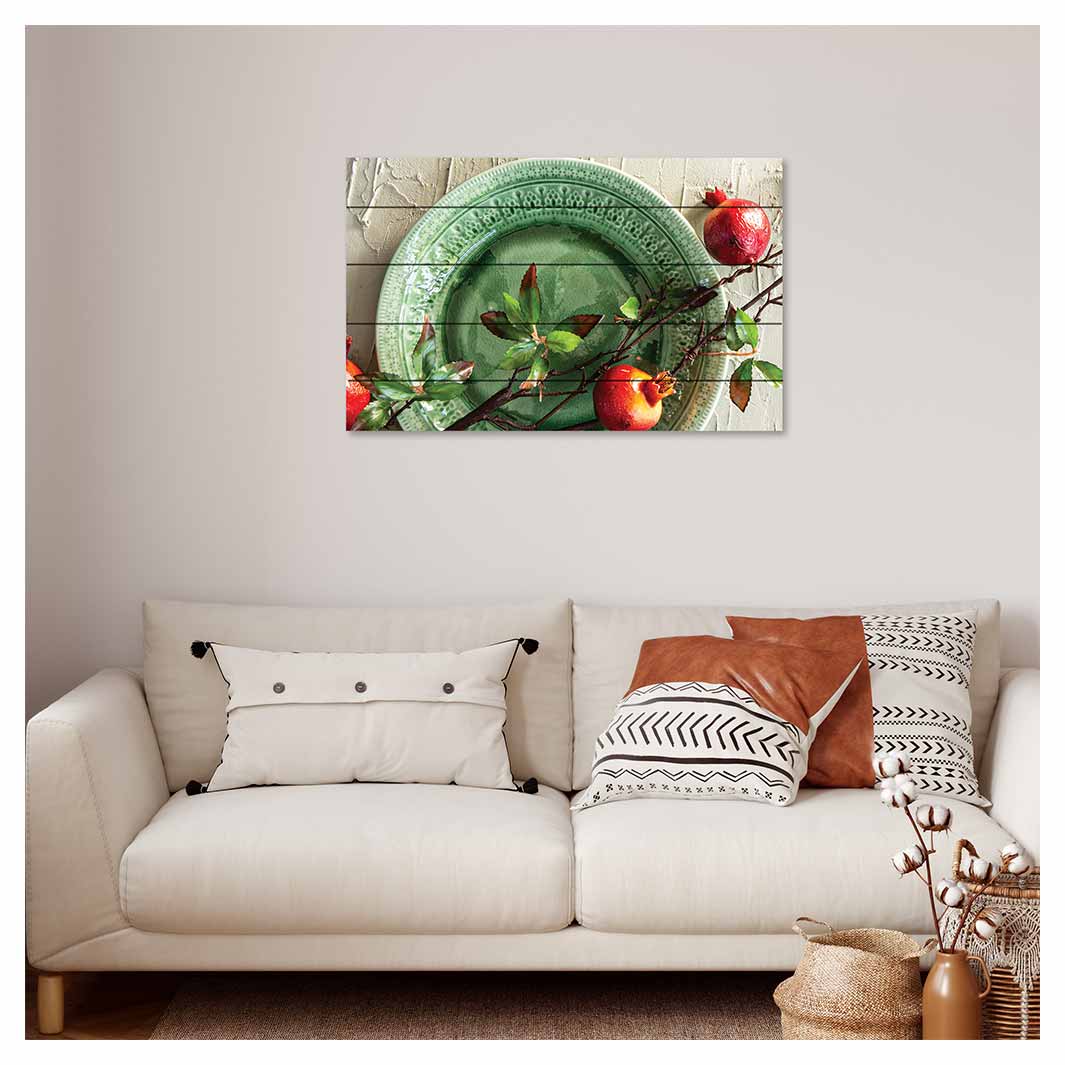 NATURAL RED POMEGRANATES ON GREEN PLATE PINE WOOD PRINT