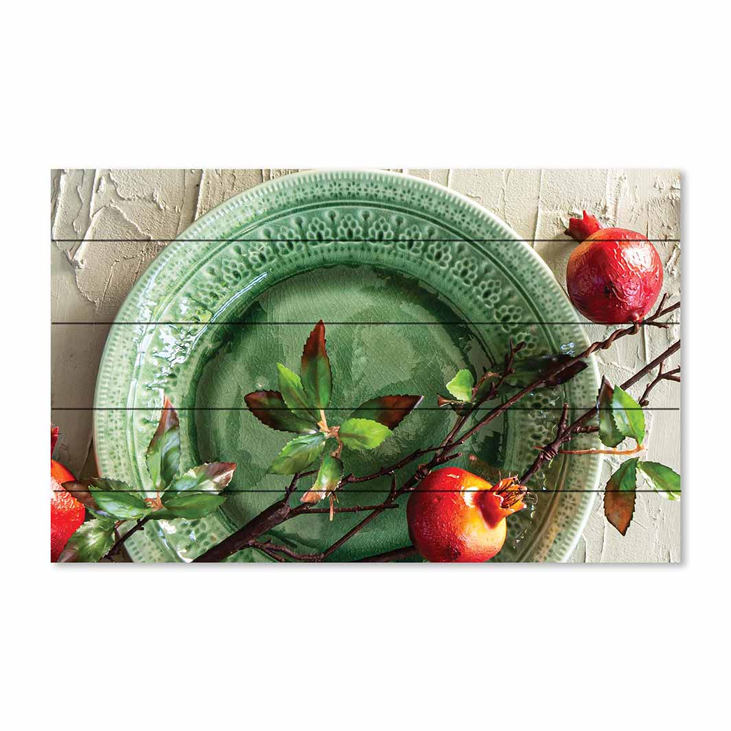 NATURAL RED POMEGRANATES ON GREEN PLATE PINE WOOD PRINT