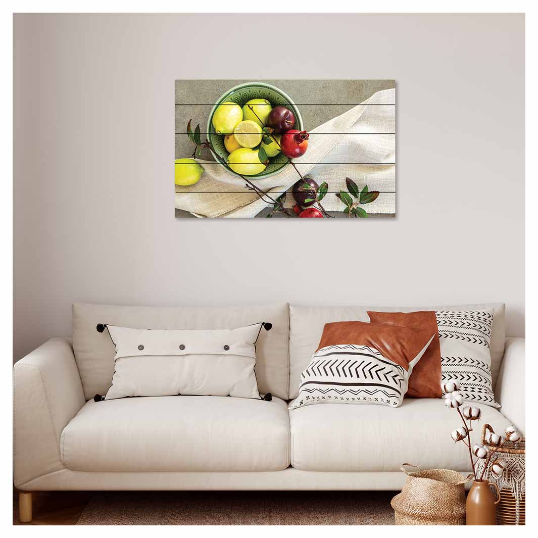 NATURAL RED POMEGRANATES AND LEMONS WITH LINEN PINE WOOD PRINT