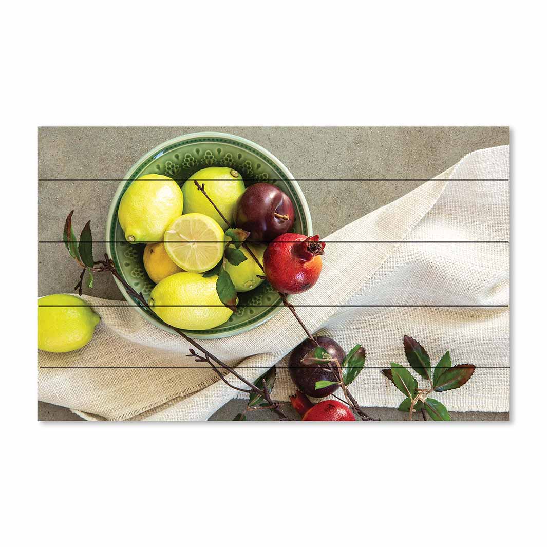 NATURAL RED POMEGRANATES AND LEMONS WITH LINEN PINE WOOD PRINT