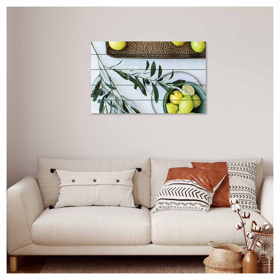 NATURAL YELLOW OLIVE LEAVES AND LEMONS ON WHITE PINE WOOD PRINT