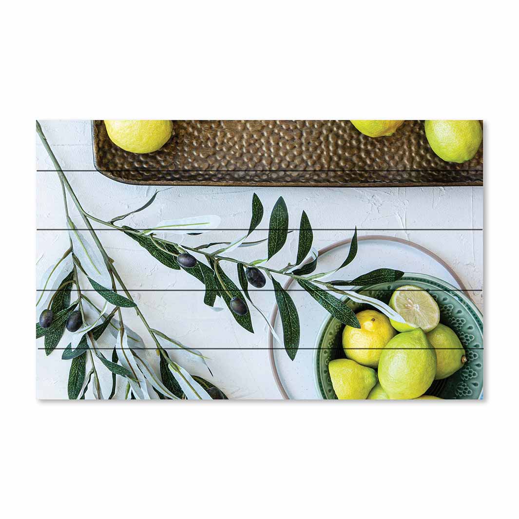 NATURAL YELLOW OLIVE LEAVES AND LEMONS ON WHITE PINE WOOD PRINT
