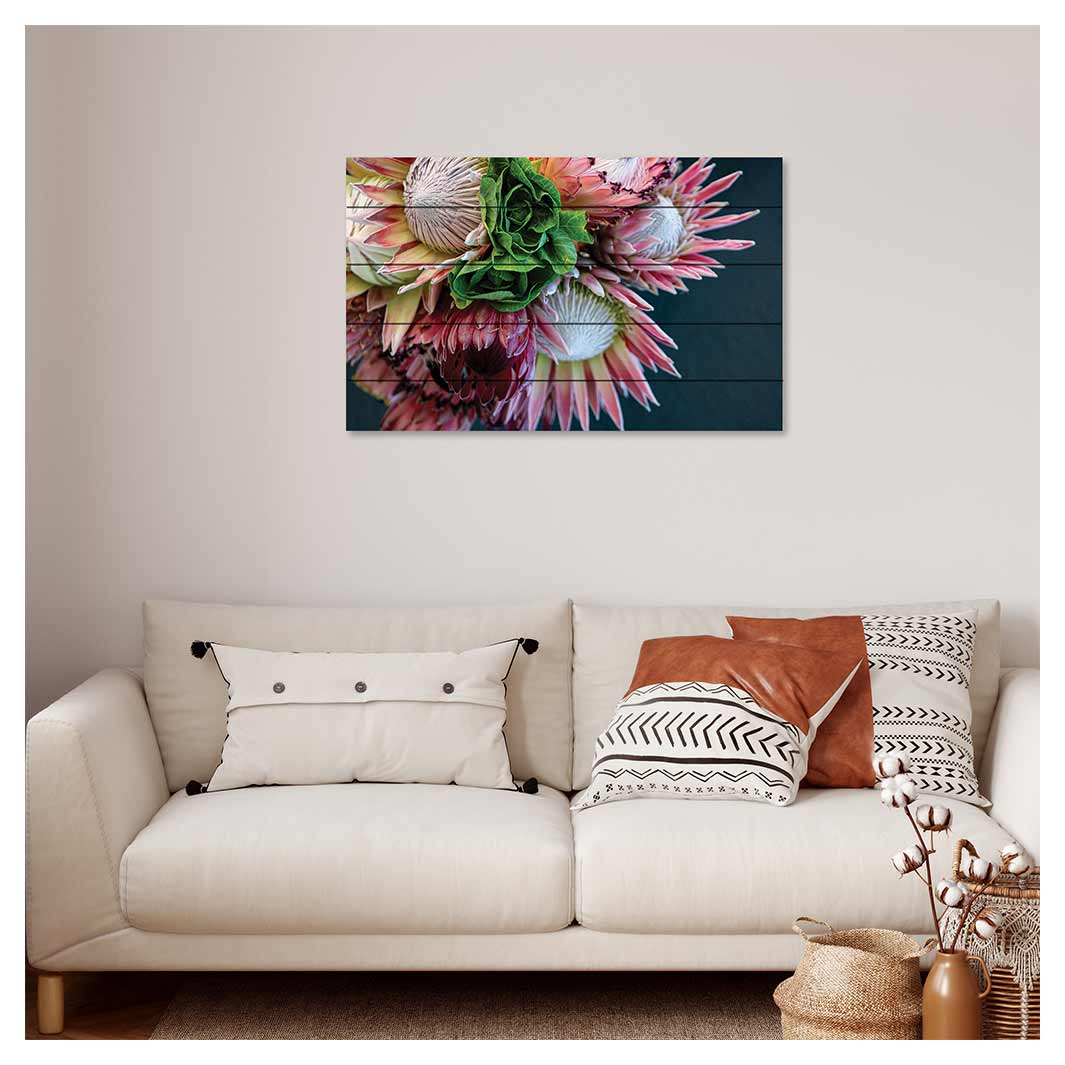 FLORAL PINK PROTEA BUNCH ON BLACK PINE WOOD PRINT