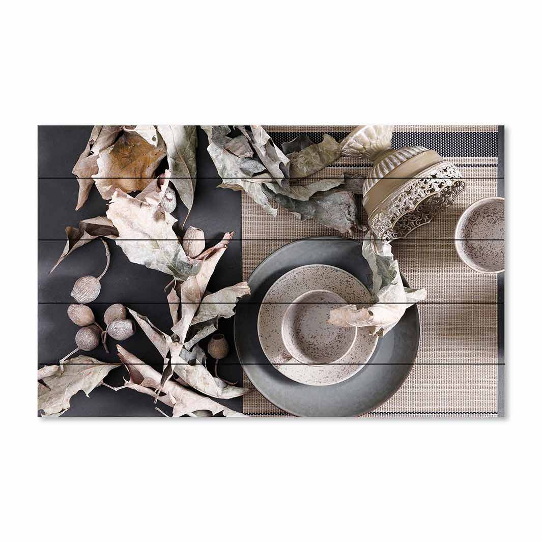 RUSTIC GREY STILL LIFE WITH LEAVES PINE WOOD PRINT
