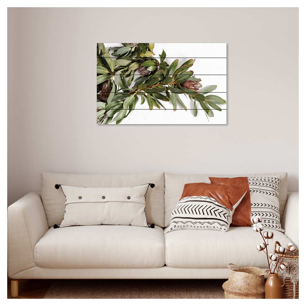 DRIED PROTEA WITH GREEN LEAVES PINE WOOD PRINT