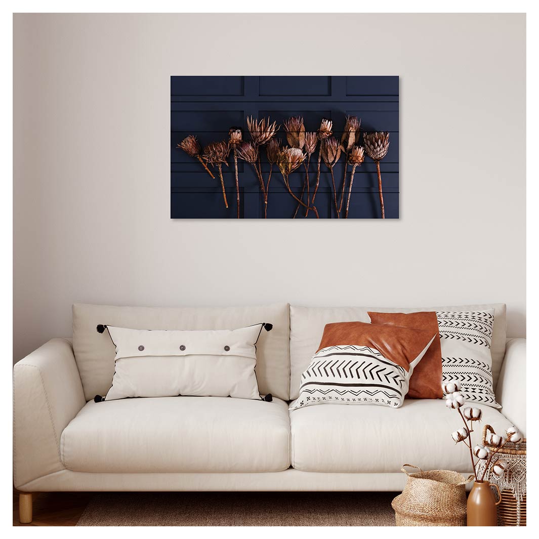 GOLDEN PROTEA ARRANGEMENT ON DARK BLUE PINE WOOD PRINT