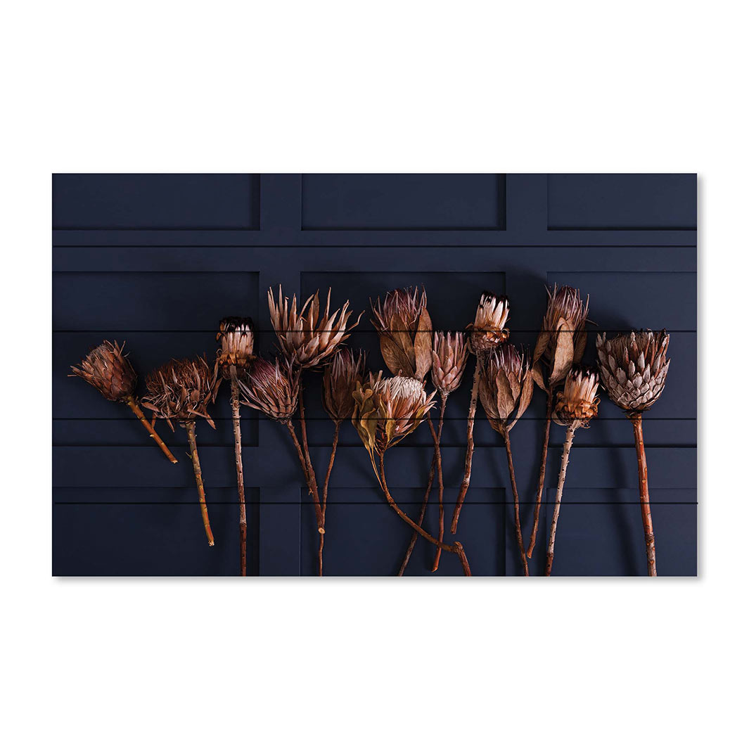 GOLDEN PROTEA ARRANGEMENT ON DARK BLUE PINE WOOD PRINT