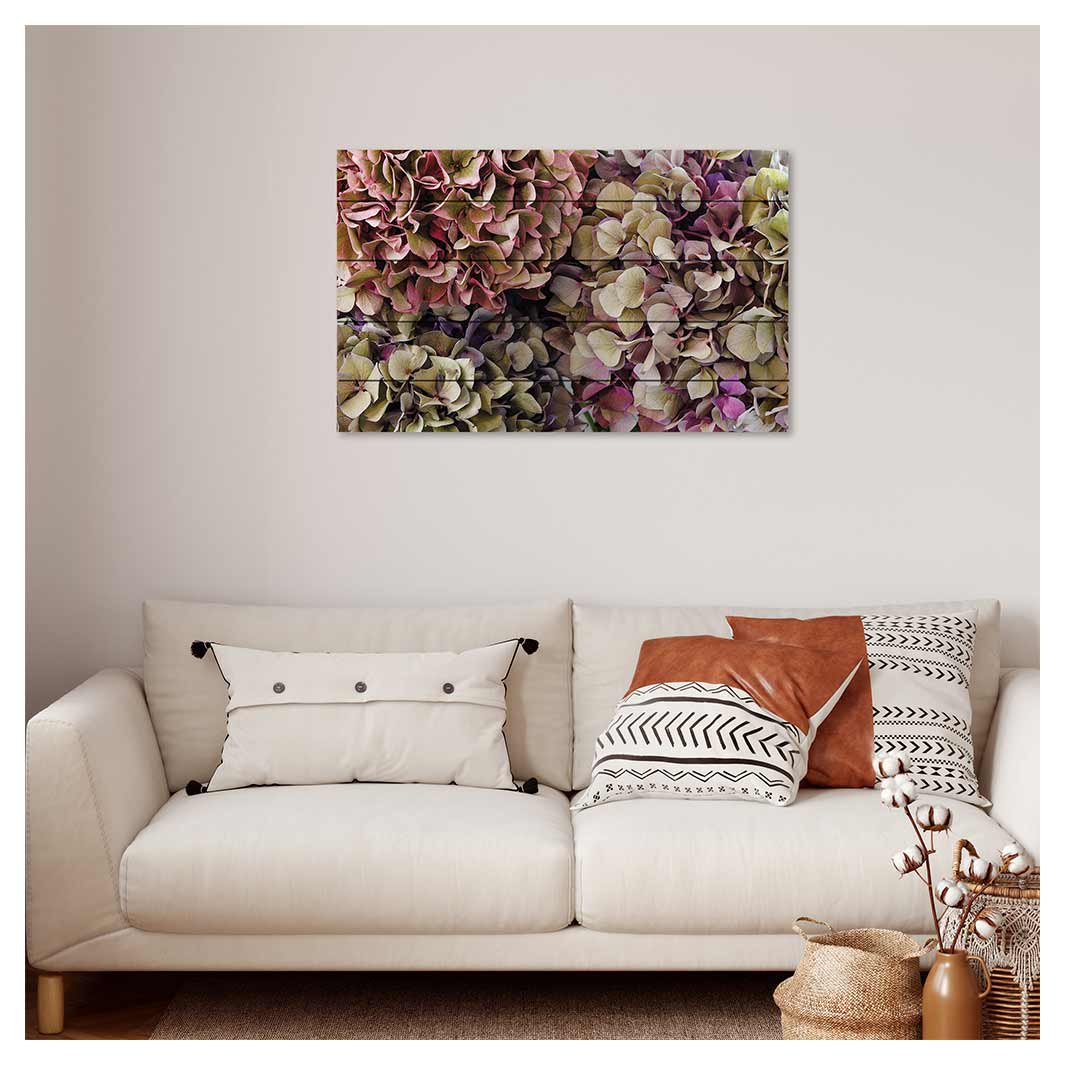 HYDRANGEA DEEP FLORAL TONES PINE WOOD PRINT