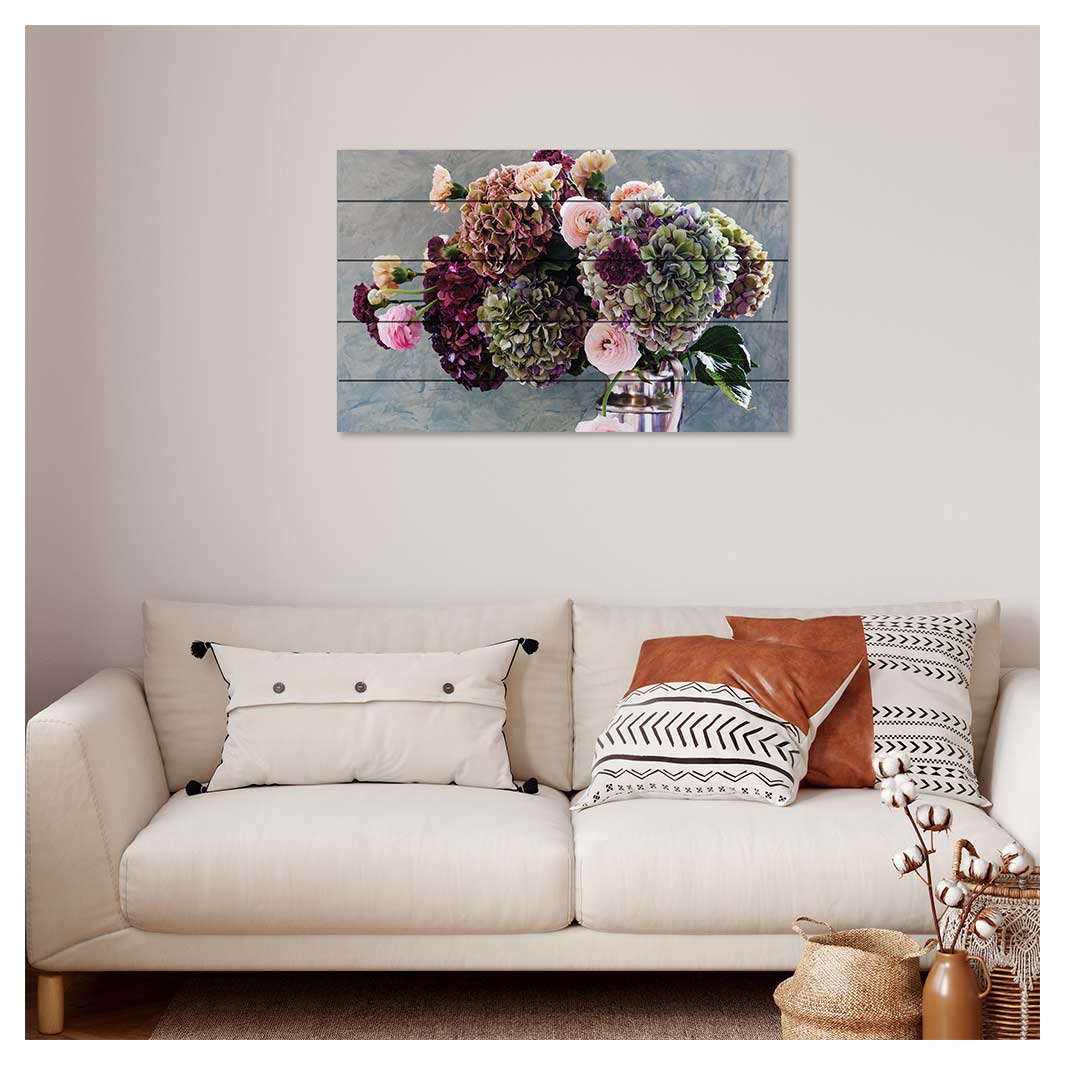 HYDRANGEA RANUNCULUS FLORALS ON BLUE PINE WOOD PRINT