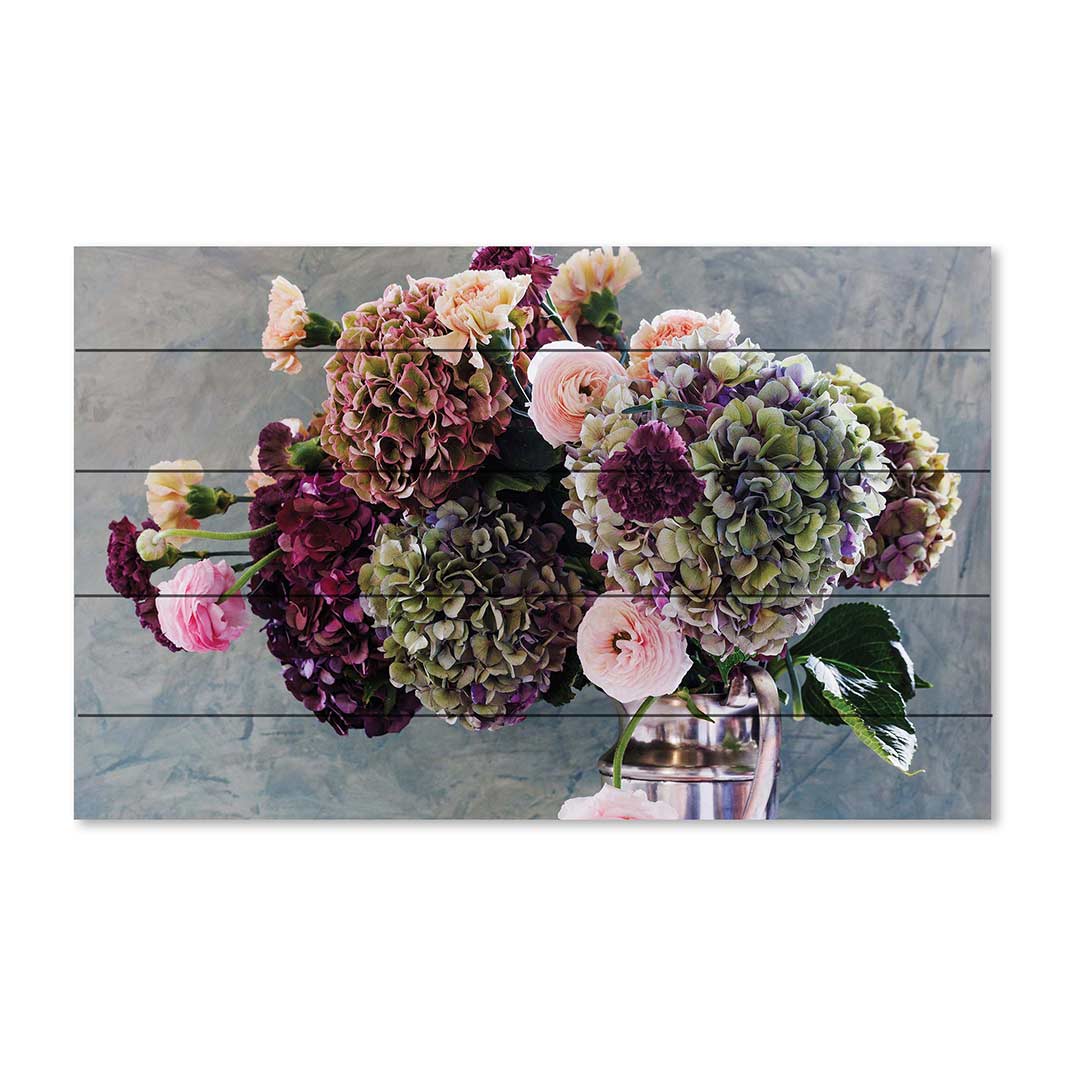 HYDRANGEA RANUNCULUS FLORALS ON BLUE PINE WOOD PRINT