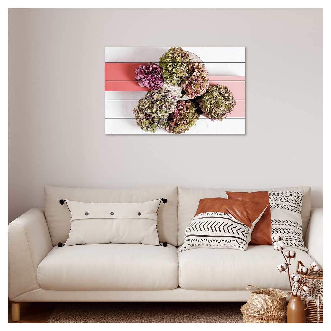 HYDRANGEA GEO RED BLOCKS ARRANGEMENT PINE WOOD PRINT