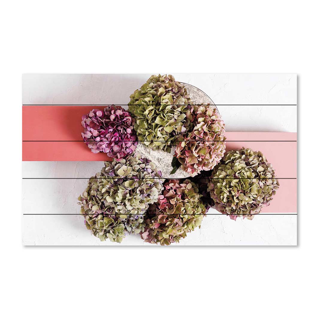 HYDRANGEA GEO RED BLOCKS ARRANGEMENT PINE WOOD PRINT