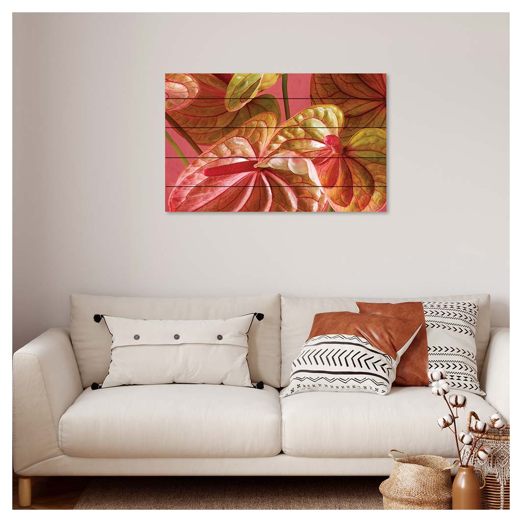 ANTHURIUM LIGHT PINK AND GREEN ON MAGENTA PINE WOOD PRINT