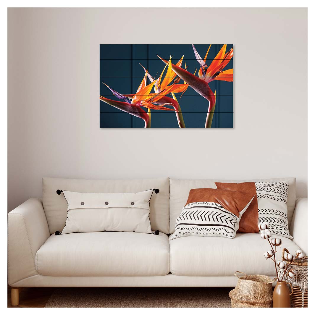 STRELITZIA TRIO ON RICH BLUE PINE WOOD PRINT