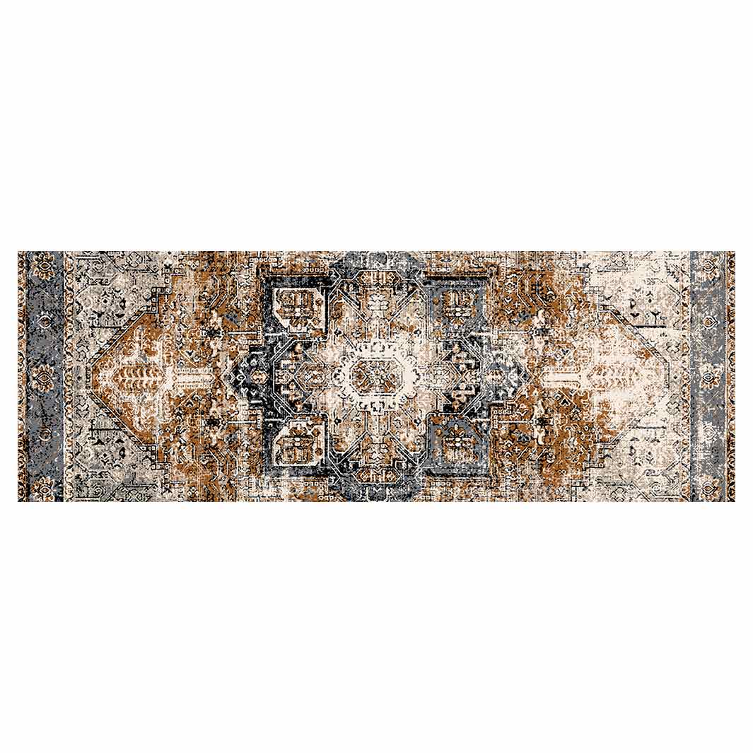 CLASSIC BROWN AND BLUE GEO DISTRESSED RUNNER RUG