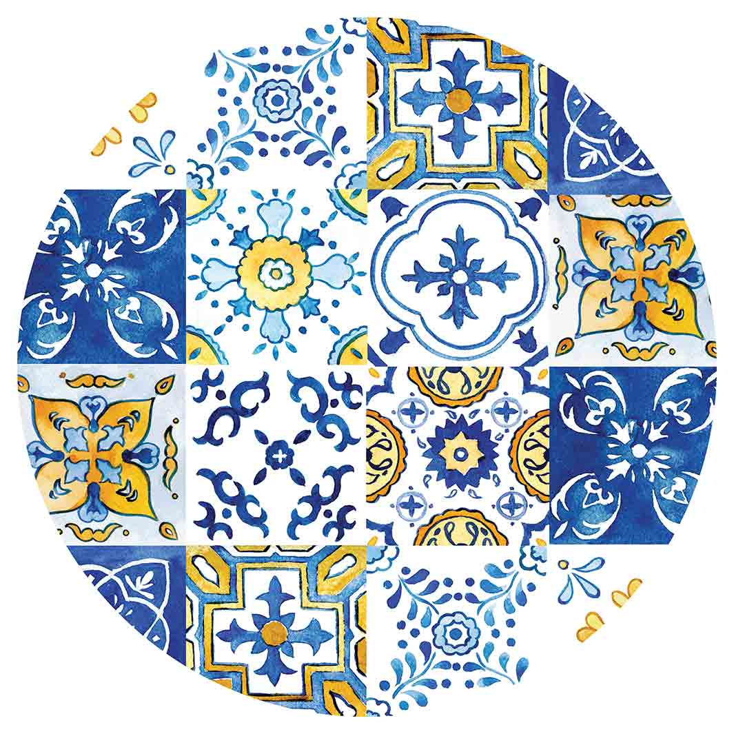 PATTERN BLUE AND YELLOW WATERCOLOUR LISBON TILE ROUND RUG
