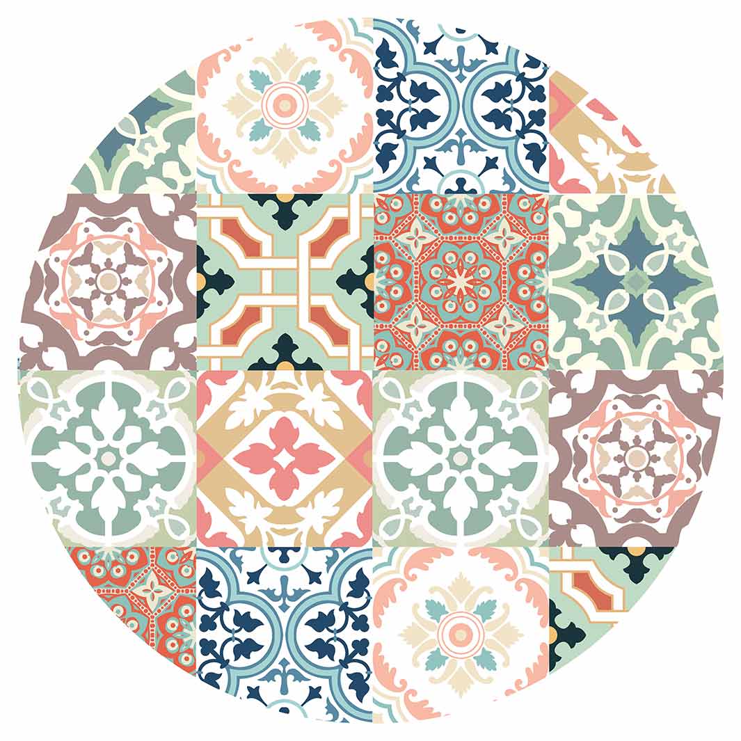 PATTERN TEAL AND ORANGE TILE ROUND RUG