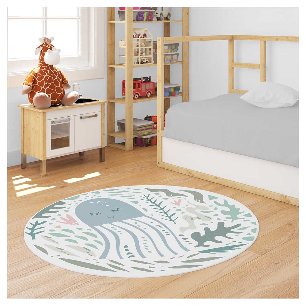KIDS BLUE AND GREEN OCTOPUS ART ROUND RUG