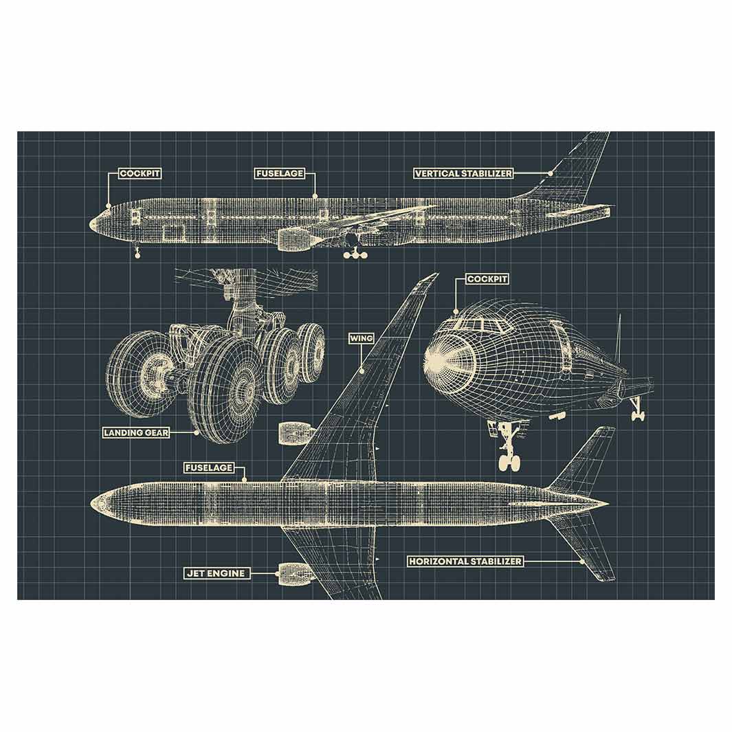 KIDS BLUE AIRPLANE SKETCH PLAN RECTANGULAR RUG