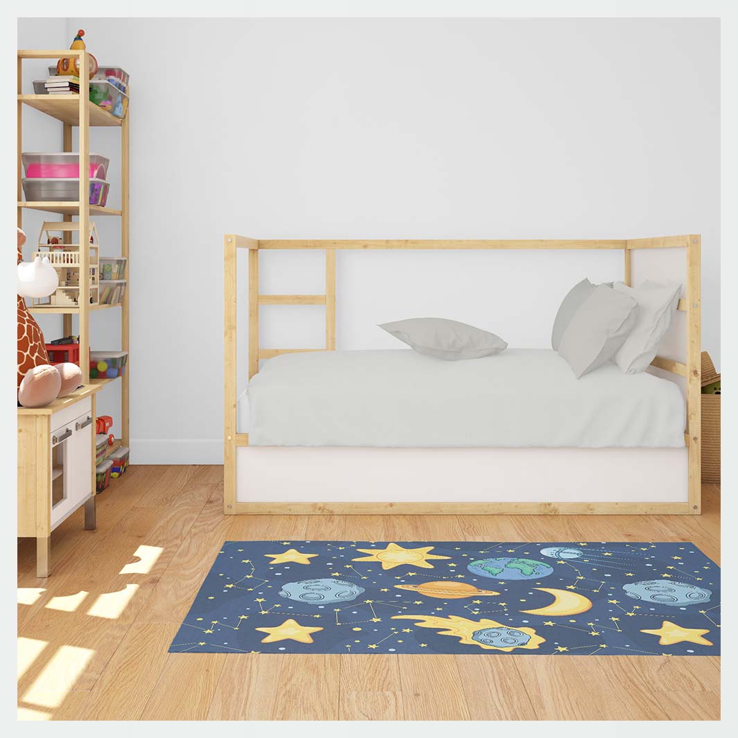 KIDS BLUE OUTER SPACE SUN AND MOON RECTANGULAR RUG
