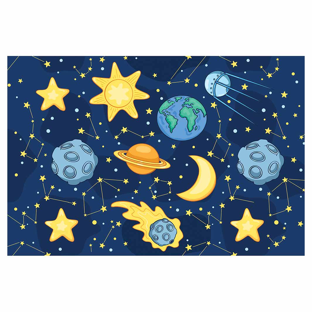 KIDS BLUE OUTER SPACE SUN AND MOON RECTANGULAR RUG