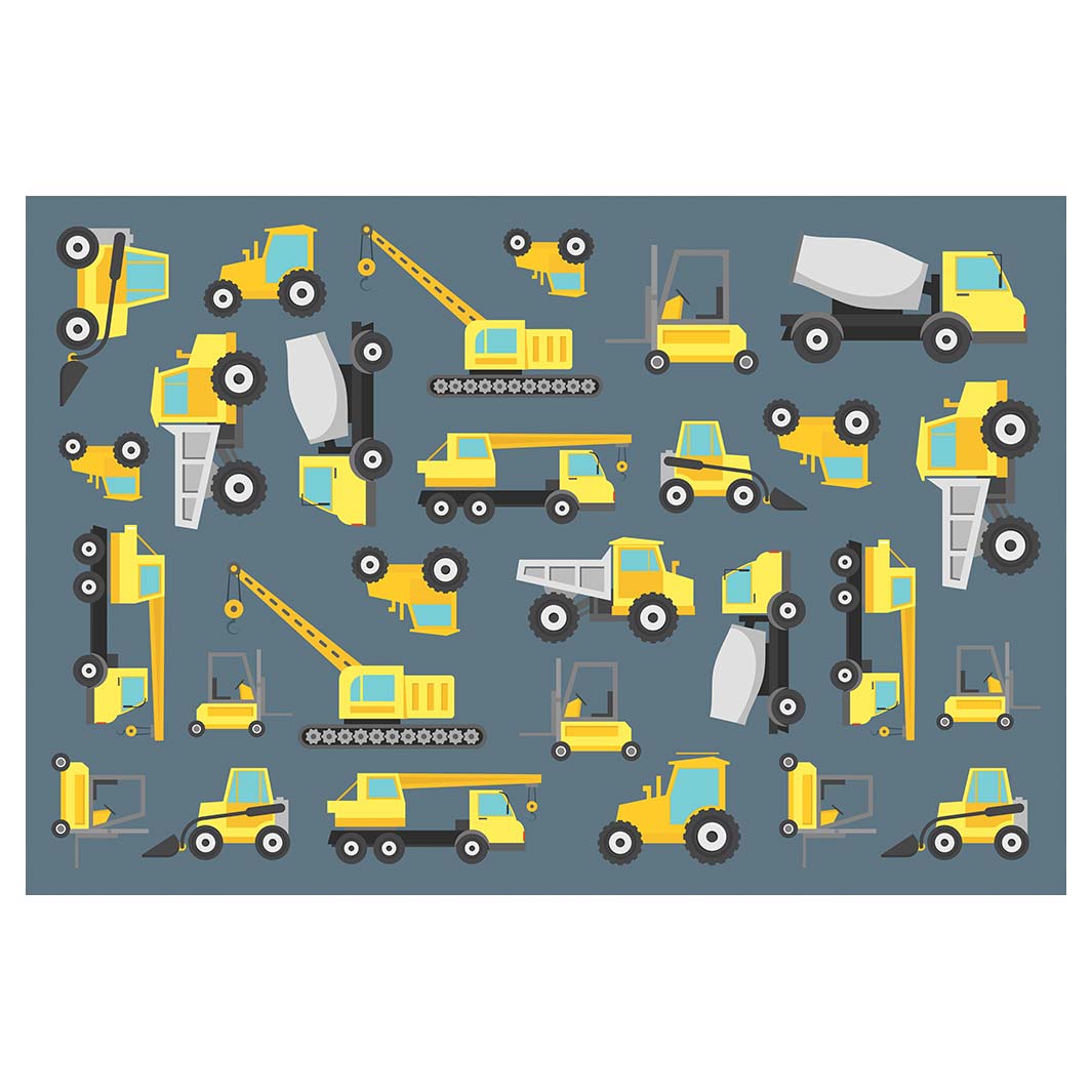 KIDS BLUE YELLOW CONSTRUCTION TRUCKS PATTERN RECTANGULAR RUG