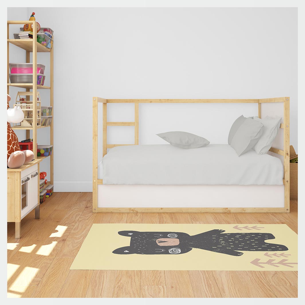 KIDS YELLOW AND BLACK BEAR GRAPHIC ART RECTANGULAR RUG