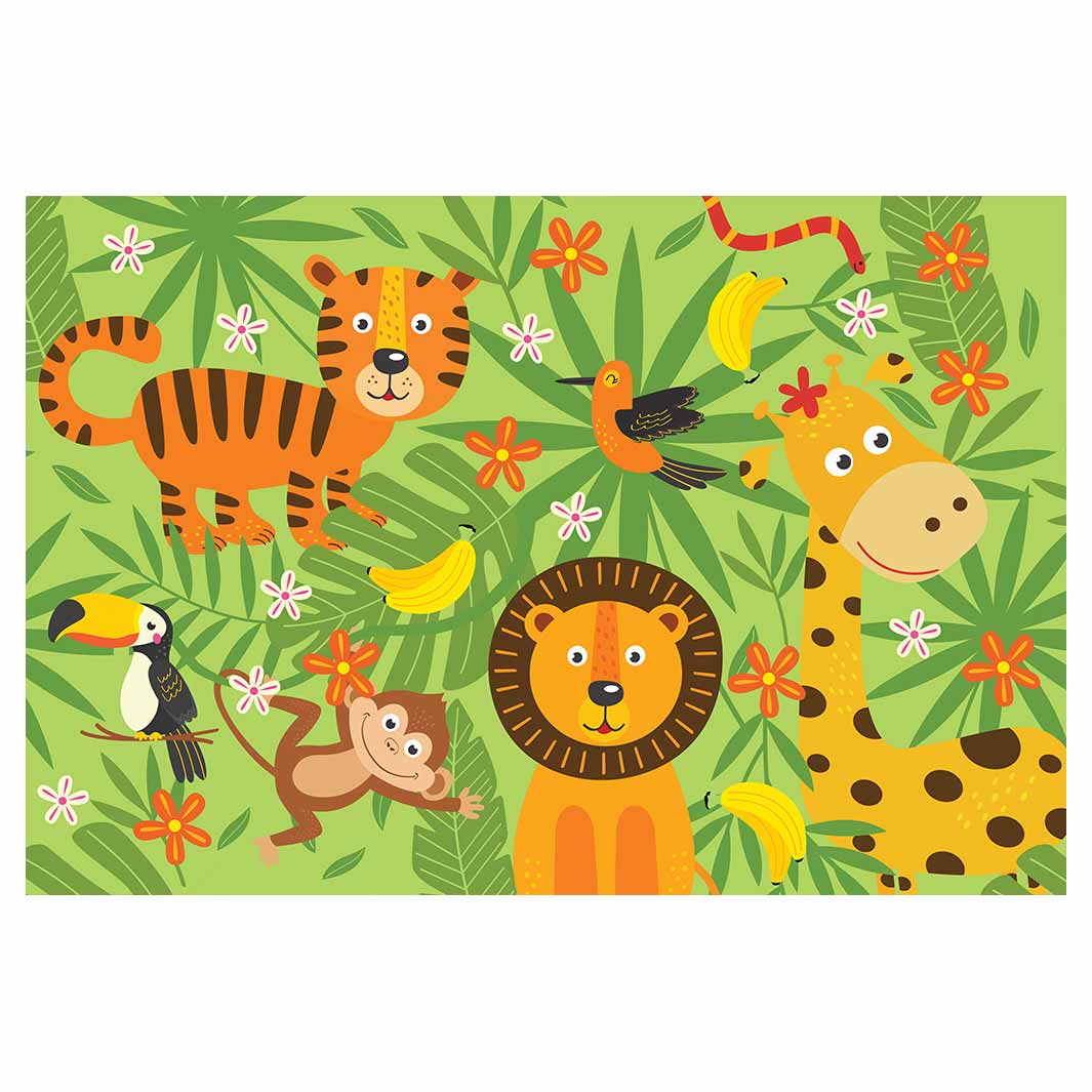 KIDS GREEN JUNGLE FUN ANIMALS RECTANGULAR RUG