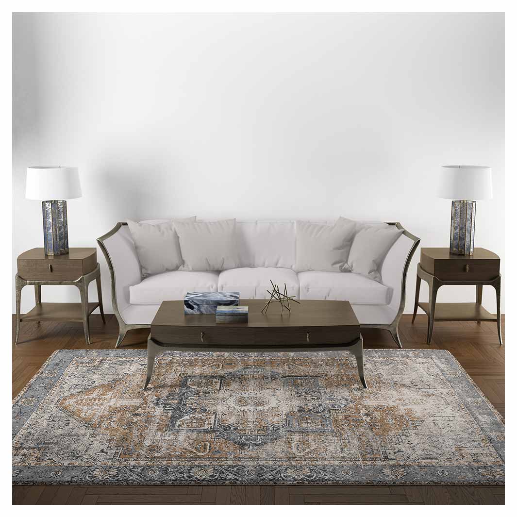 CLASSIC BROWN AND BLUE GEO DISTRESSED RECTANGULAR RUG