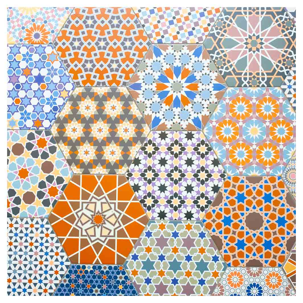 HEXAGON ORANGE AND BLUE PATTERN TILES SQUARE SCATTER CUSHION