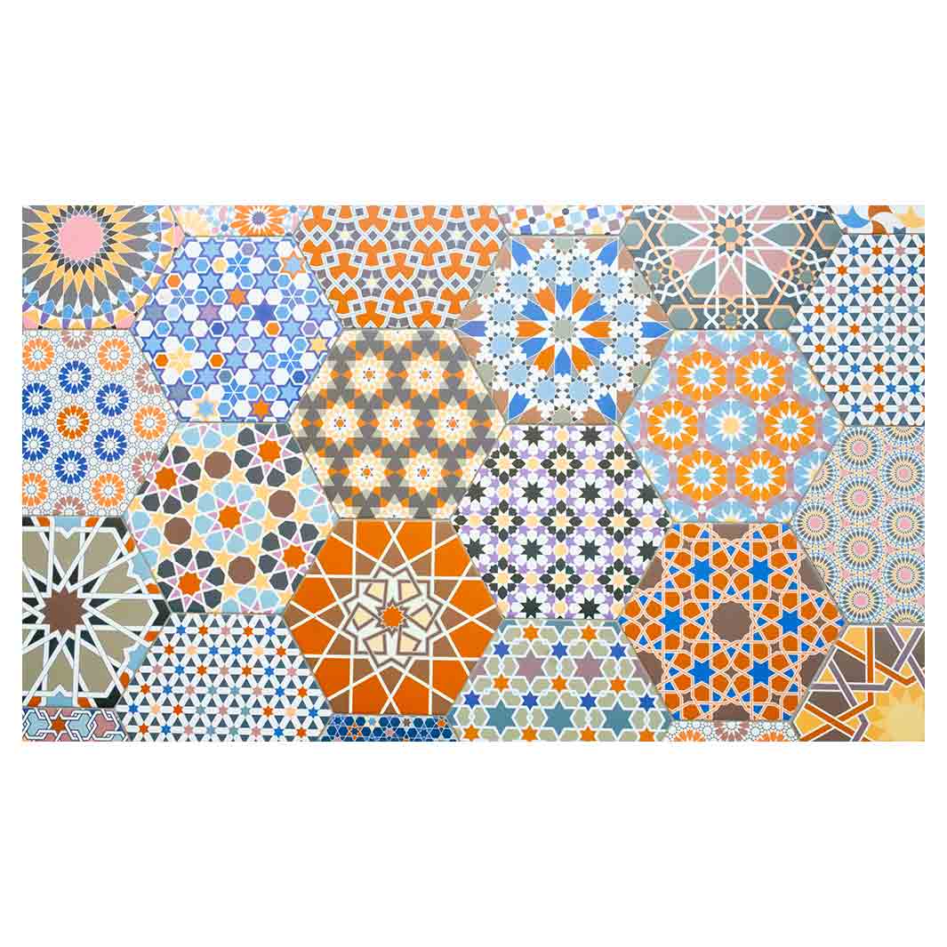 HEXAGON ORANGE AND BLUE PATTERN TILES RECTANGULAR SCATTER CUSHION