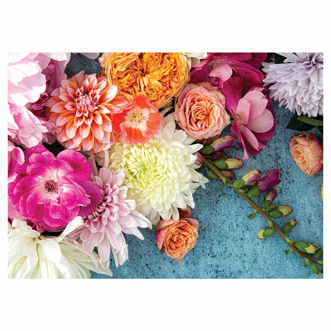 FLORAL PINK PEONY AND DAHLIA BOUQUET ON BLUE TABLECLOTH