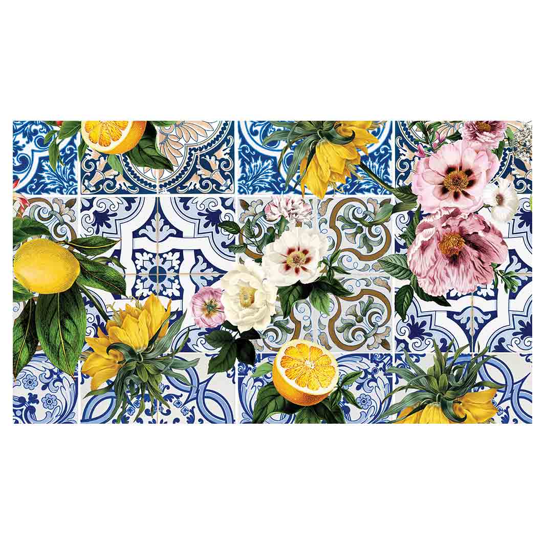 PATTERN BLUE LISBON TILE WITH LEMONS & FLOWERS TABLECLOTH