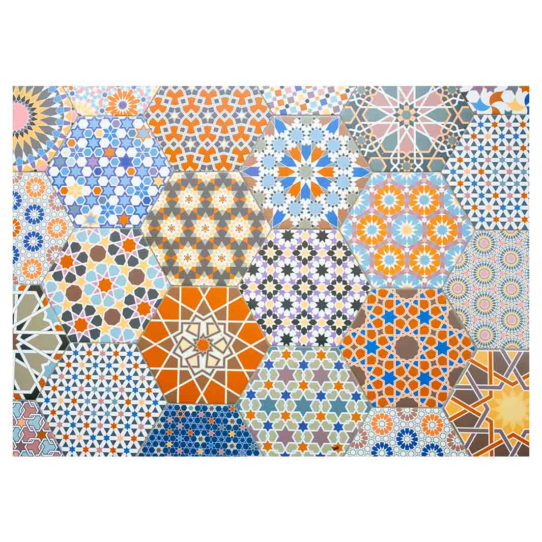 HEXAGON ORANGE AND BLUE PATTERN TILES TABLECLOTH