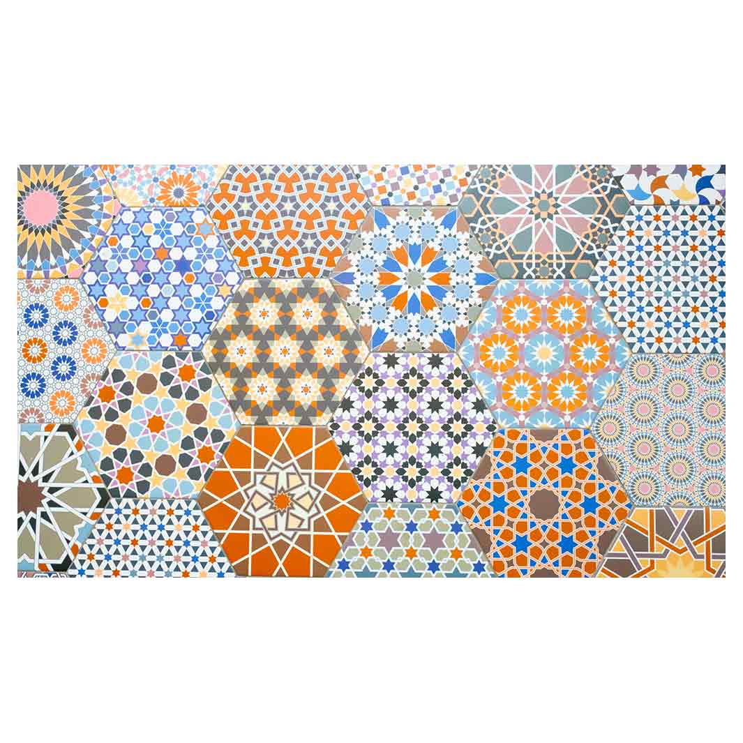 HEXAGON ORANGE AND BLUE PATTERN TILES TABLECLOTH