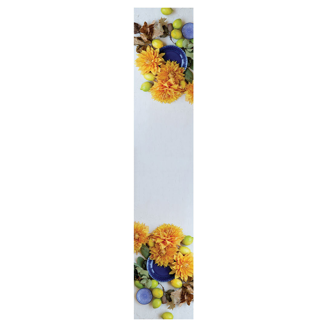 FLORAL YELLOW CHRYSANTHEMUM FLOWERS WITH FOLIAGE TABLE RUNNER