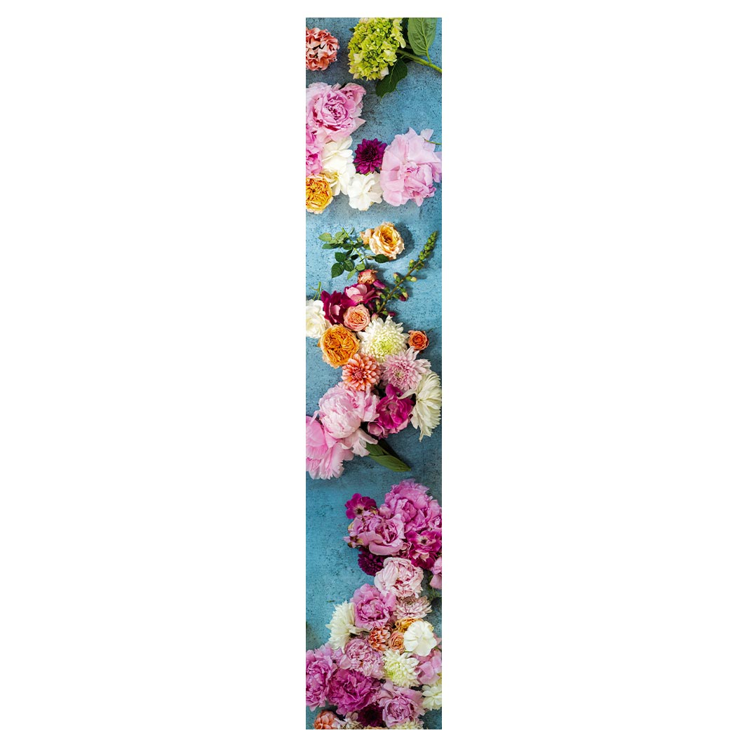 FLORAL PINK PEONY AND DAHLIA BOUQUET ON BLUE TABLE RUNNER