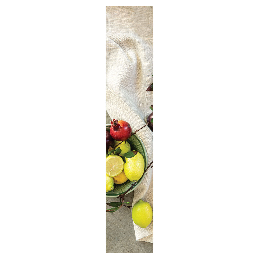NATURAL RED POMEGRANATES AND LEMONS WITH LINEN TABLE RUNNER