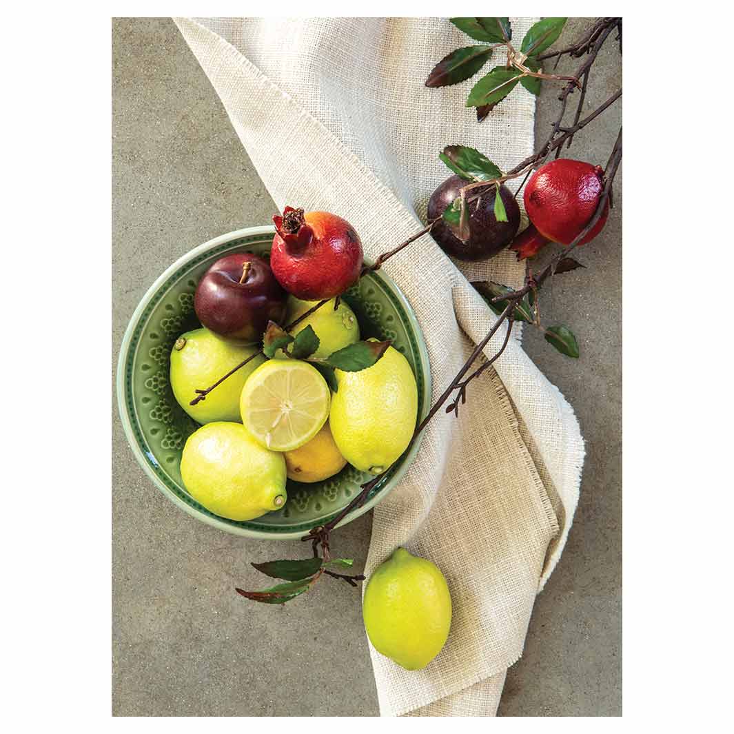 NATURAL RED POMEGRANATES AND LEMONS WITH LINEN TEA TOWEL