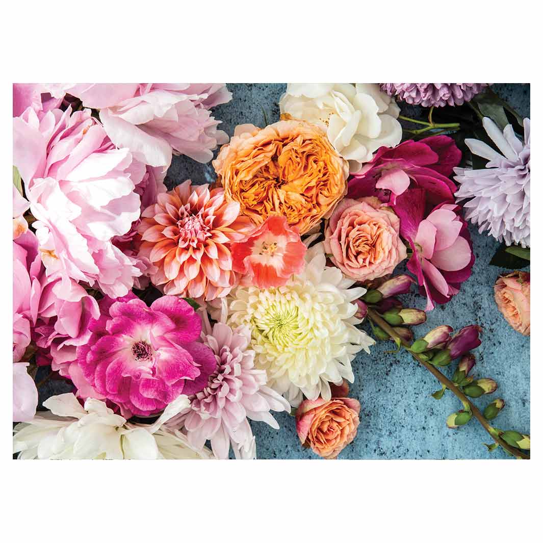 FLORAL PINK PEONY AND DAHLIA BOUQUET ON BLUE TEA TRAY