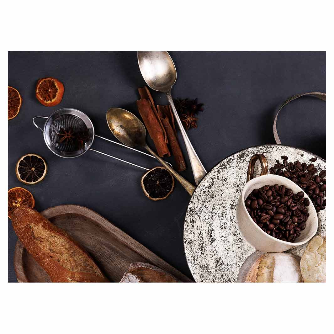 BREADS AND DRIED FRUIT ON BLACK TEA TRAY
