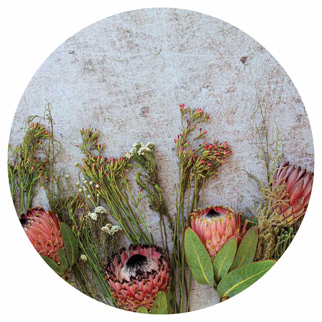 FLORAL PINK MIXED PROTEAS WITH GREEN FOLIAGE VINYL FOAM ROUND MAT
