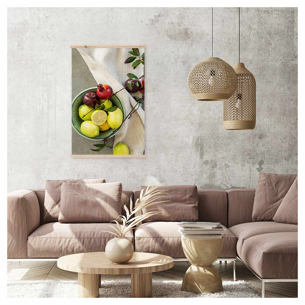NATURAL RED POMEGRANATES AND LEMONS WITH LINEN WALL HANGING