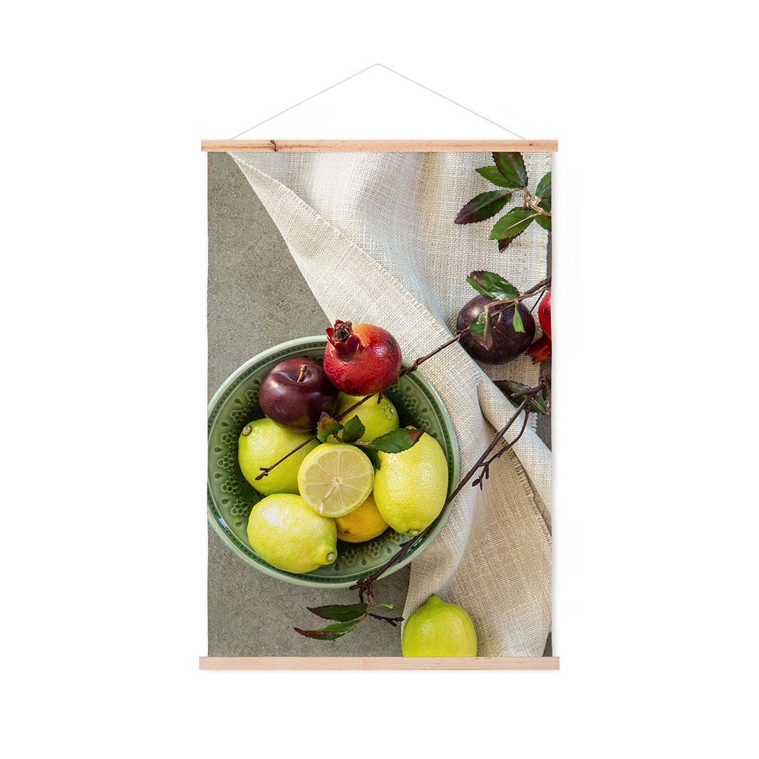 NATURAL RED POMEGRANATES AND LEMONS WITH LINEN WALL HANGING