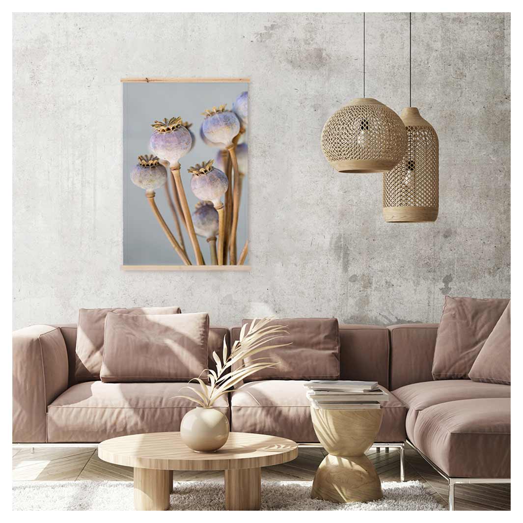 NATURAL PURPLE GIANT POPPY SEED BUNCH ON GREY WALL HANGING