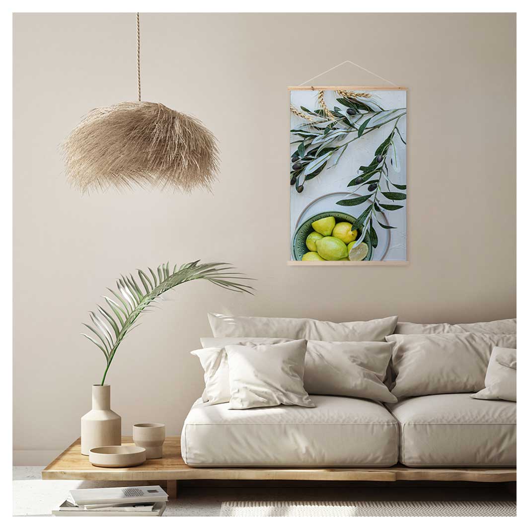 NATURAL YELLOW OLIVE LEAVES AND LEMONS ON WHITE WALL HANGING