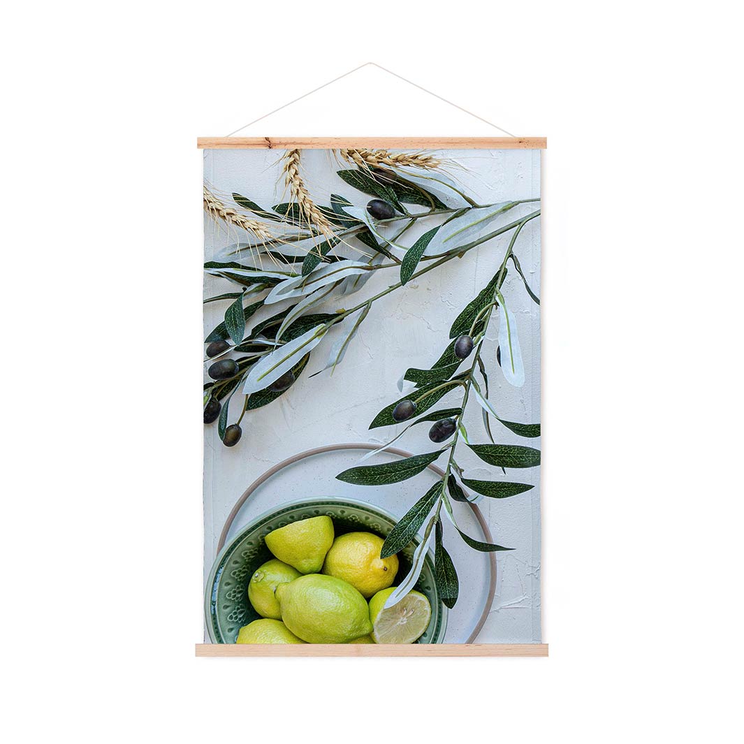 NATURAL YELLOW OLIVE LEAVES AND LEMONS ON WHITE WALL HANGING